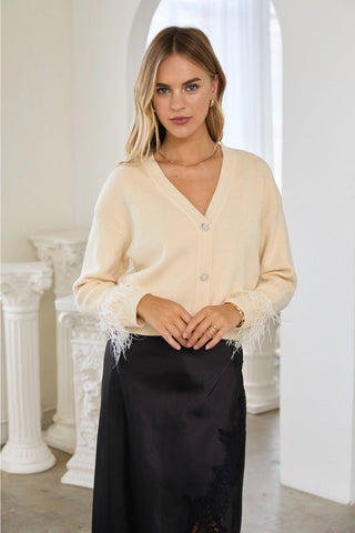 Jewel Button Feather-Trim Cardigan - Ivory - Boutique Bella BellaCardigan