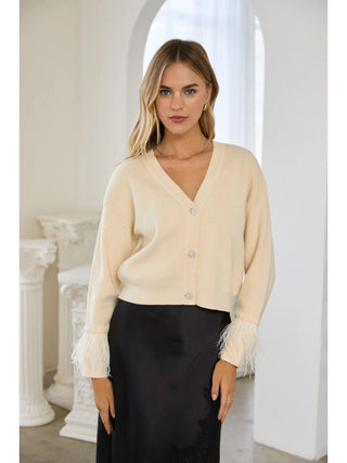 Jewel Button Feather-Trim Cardigan - Ivory - Boutique Bella BellaCardigan