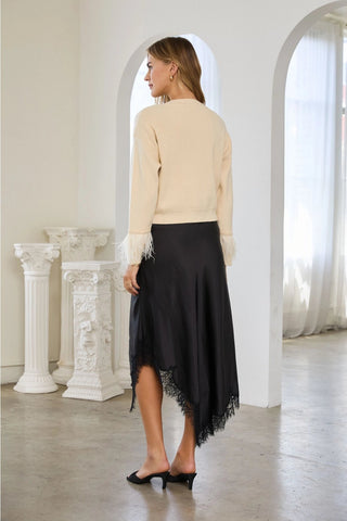Jewel Button Feather-Trim Cardigan - Ivory - Boutique Bella BellaCardigan
