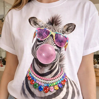 Jeweled Collar Bubble Gum Zebra on White Crew - Boutique Bella BellaT-Shirt