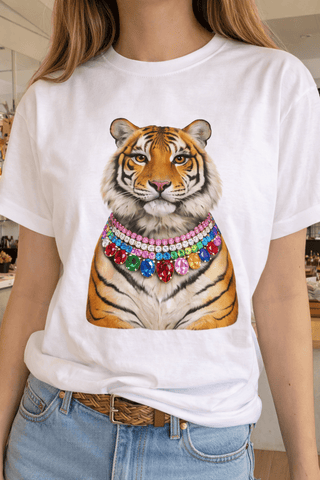Jeweled Collar Tiger on White Crew DS - Boutique Bella Bella
