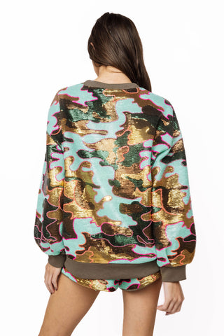 QOS Mint Sequin Camo Queen Card Sweatshirt