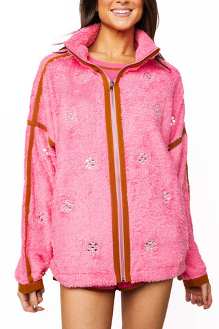 QOS Hot Pink Rhinestone Zip Up Fleece