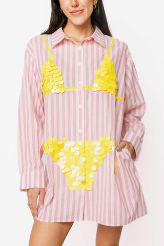 QOS Pink Striped Yellow Paillette Bikini Tunic
