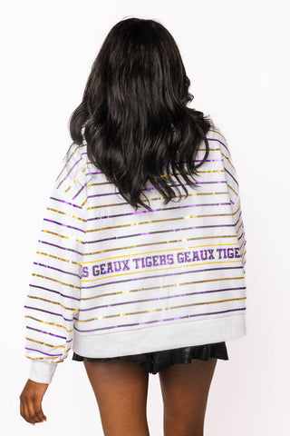 QOS Licensed  LSU Sequin Striped Fanny Pack Sweatshirt