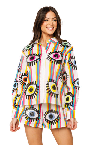 QOS Rainbow Striped Eye Button Up Cotton Top