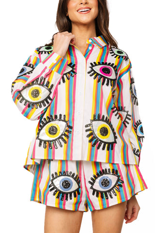QOS Rainbow Striped Eye Button Up Cotton Top