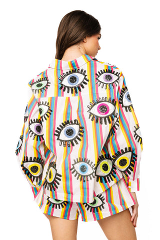 QOS Rainbow Striped Eye Button Up Cotton Top