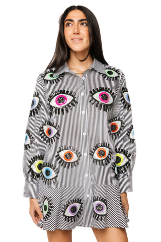 QOS Black & White Striped Multi Eye Button Up Ruffle Dress