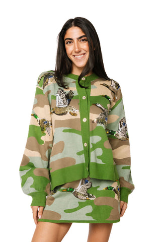 QOS Green Camo Ducks Flying Cardigan