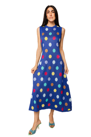 QOS Royal Multi Polka Dot Knit Midi Dress
