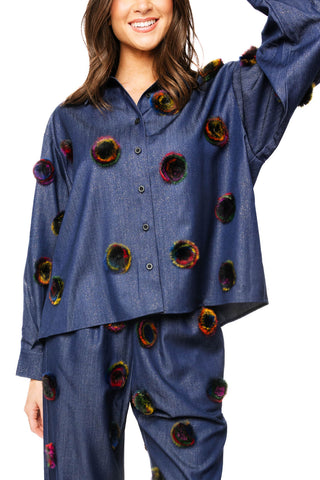 QOS Denim Multi Pom Pom Button Up Top