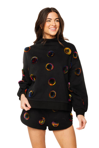 QOS Black Multi Color Pom Pom Mock Neck Sweatshirt