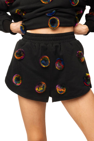 QOS Black Multi Color Pom Pom Short