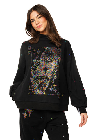 QOS Black Rainbow Rhinestone QOS Card Logo Mock Neck Sweatshirt