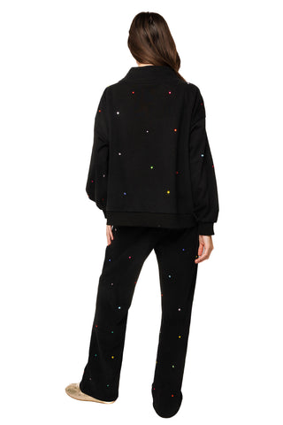 QOS Black Rainbow Rhinestone QOS Card Logo Mock Neck Sweatshirt