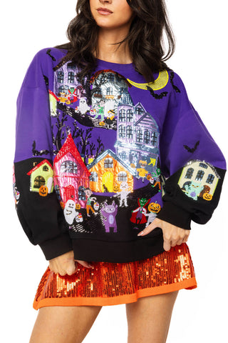 QOS Purple Trick Or Treat Halloween Scene Sweatshirt