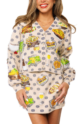 QOS  Ivory Flower Print Thanksgiving Meal Button Up Cardigan