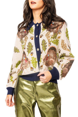 QOS Navy Trim Button Up Turkey, Leaf & Acorn Button Up Cardigan