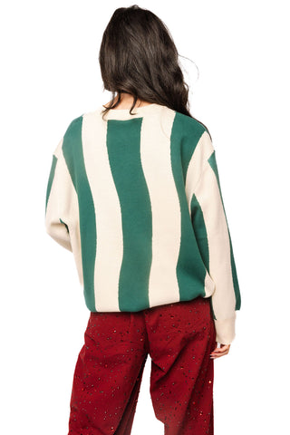 QOS Teal & Beige Wavy Stripe Pheasant Sweater