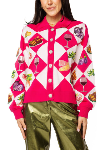 QOS Pink Diamond Print Thanksgiving Dinner Button Up Sweater