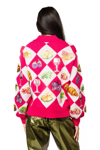 QOS Pink Diamond Print Thanksgiving Dinner Button Up Sweater