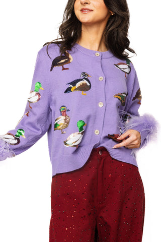 QOS Purple Multi Ducks Feather Sleeve Button Up Cardigan
