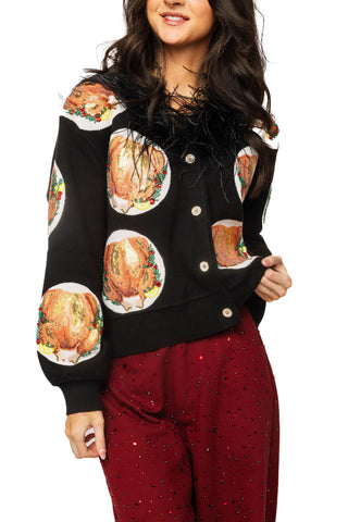 QOS Navy Turkey on Plates Feather Neck Button Up Cardigan