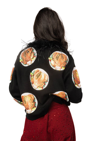 QOS Navy Turkey on Plates Feather Neck Button Up Cardigan