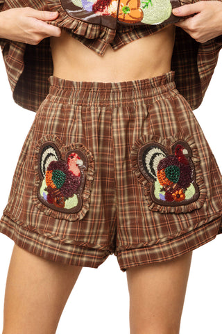 QOS Brown Plaid Turkey Ruffle Patch Pocket Short