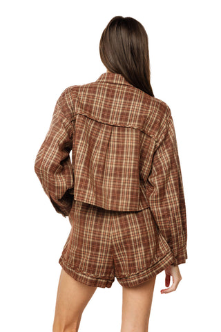 QOS Brown Plaid Turkey Ruffle Patch Pocket Short