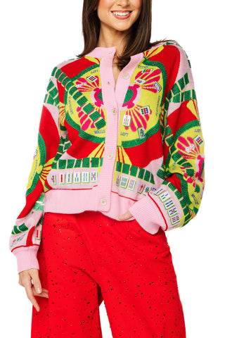 QOS Light Pink Multi Mahjong Button Up Cardigan