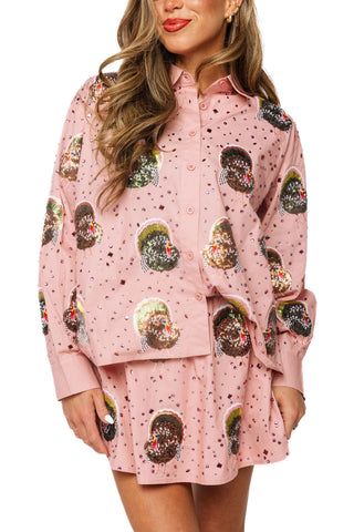QOS Peach Rhinestone Scattered Turkey Button Up Top