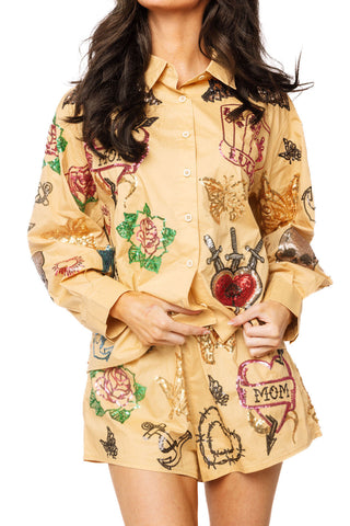 QOS Beige Tattoo Cotton Short