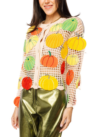 QOS Beige Multi Pumpkin Crochet Button Up Cardigan