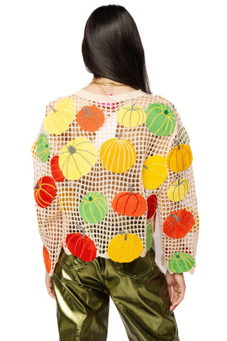 QOS Beige Multi Pumpkin Crochet Button Up Cardigan