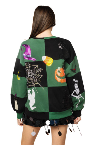 QOS Black & Dark Green Checkered Halloween Icon Sweatshirt