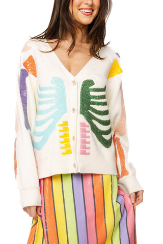 QOS Ivory Multi Skeleton Button Up Cardigan