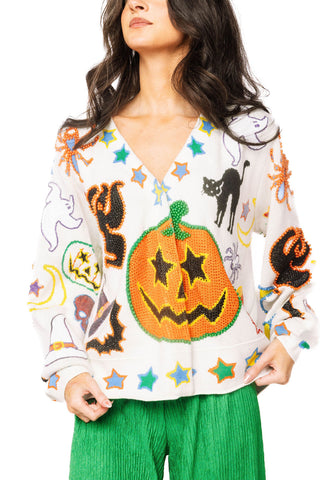 QOS Ivory Halloween Icon Button Up Cardigan