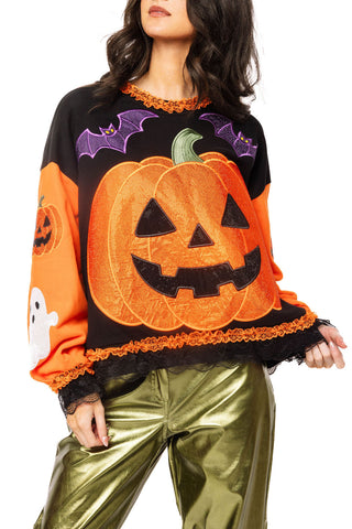 QOS Multi Ruffle Lace Trim Pumpkin & Bat Sweatshirt
