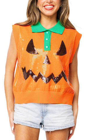 QOS Orange Full Sequin Pumpkin Face Collar Button Up Vest