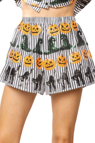 QOS Black & White Striped Witch Hat, Pumpkin & Cat Icon Cotton Short