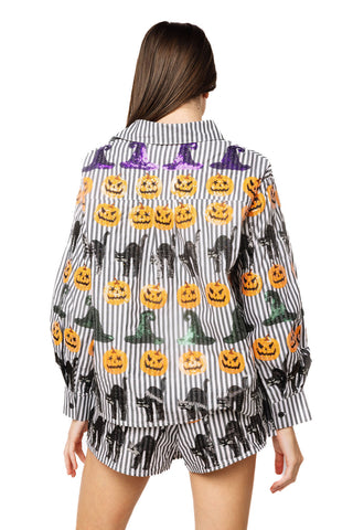 QOS Black & White Striped Witch Hat, Pumpkin & Cat Icon Cotton Short