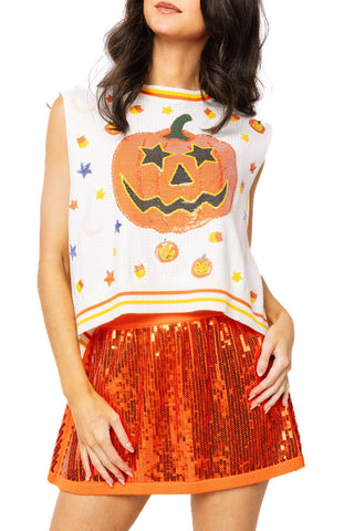 QOS White Full Sequin Pumpkin & Small Icon Vest