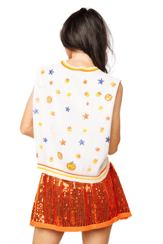 QOS White Full Sequin Pumpkin & Small Icon Vest