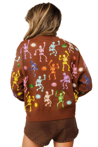 QOS Brown Multi Skeleton Feather Sleeve Button Up Cardigan