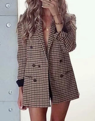 Khaki Checkered Double - Breasted Blazer - Boutique Bella BellaBlazers