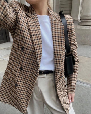 Khaki Checkered Double - Breasted Blazer - Boutique Bella BellaBlazers