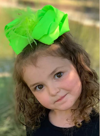 Kids Neon Green w/Feathers Hair Bow - Boutique Bella Bellahair clip