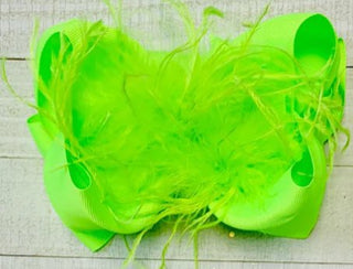 Kids Neon Green w/Feathers Hair Bow - Boutique Bella Bellahair clip